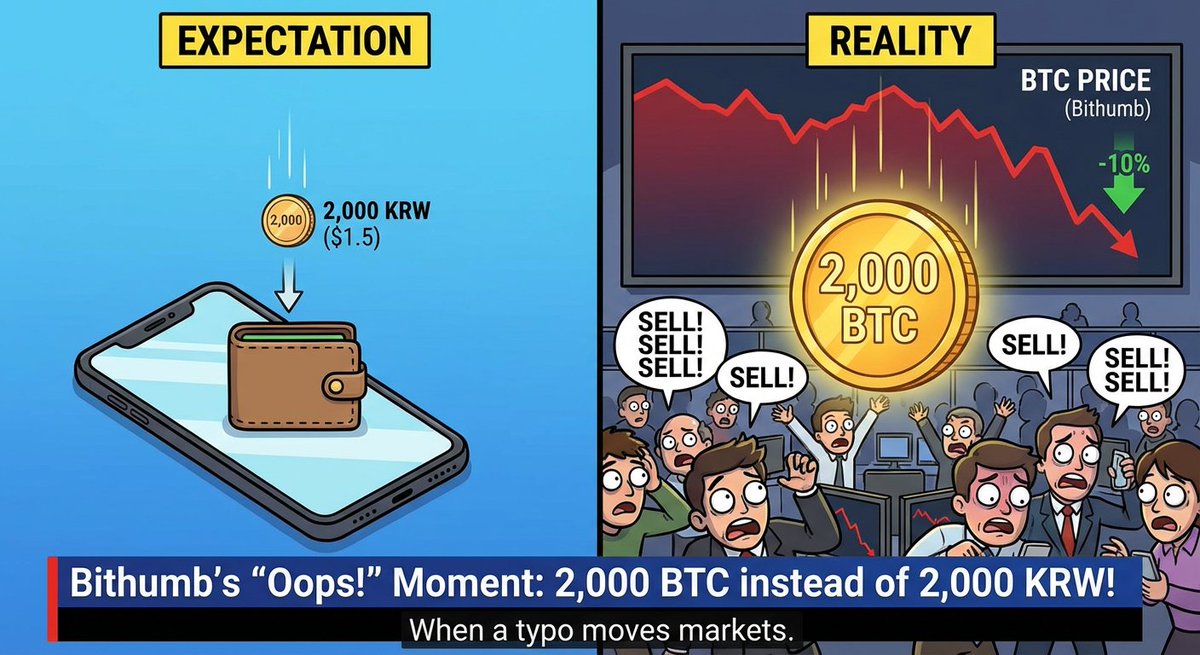 rajlalakiya14's tweet photo. Bithumb: "We’re giving you a $1.5 reward today!" 
Staff: "Wait, did you mean $1.5 or 2,000 Bitcoin?"
Bithumb: "Yeah, whatever, just hit send..." 💀

Result: $BTC price crashed 10% on the exchange because people didn’t waste a second hitting that 'SELL' button! 

The luckiest ones probably already booked their private jets, while Bithumb is out there playing the world’s most expensive game of Undo. 

Moral of the story: Always double check your units, or you might accidentally start a financial revolution.