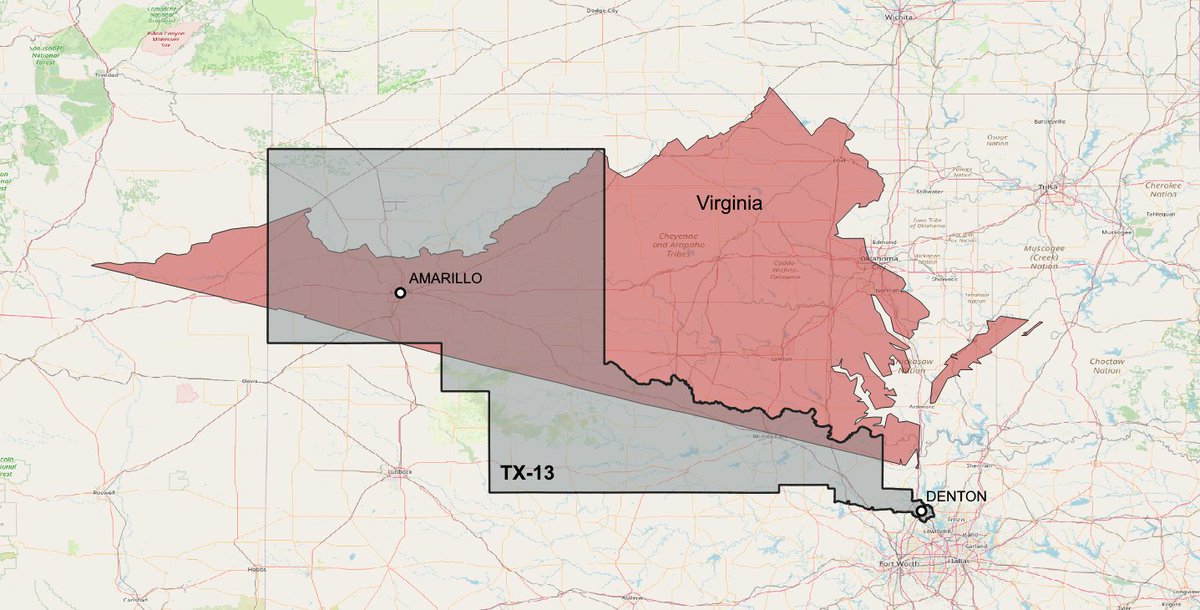 mattmxhn's tweet image. when you see complaints about the VA map good to recall that just a few months ago Texas drew a single district that was as long as Virginia itself to crack the college town of Denton
