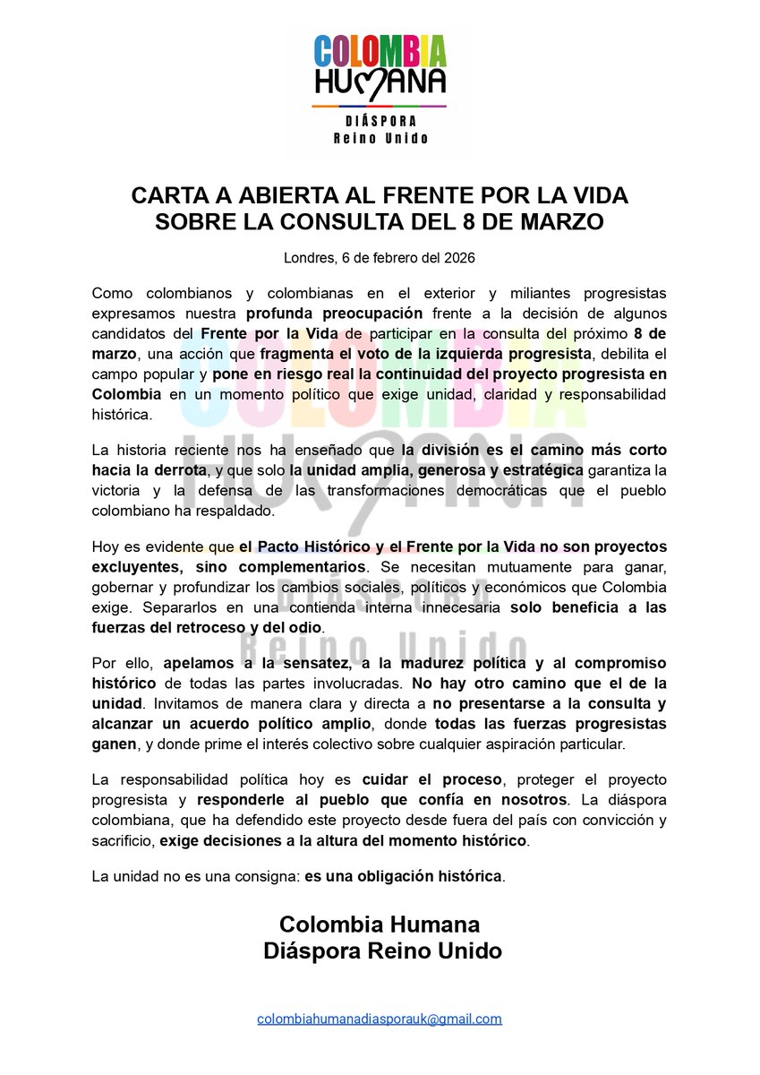 PactoUK's tweet photo. Consulta del 8 de marzo divide el voto progresista y pone en riesgo la continuidad del proyecto politico. #ColombiaHumana Diáspora 🇬🇧 hace un llamado  a la sensatez: la unidad es el único camino.#PactoHistórico y #FrentePorLaVida se necesitan juntos. @RoyBarreras  @IvanCepedaCast https://t.co/oJDLSpZwge