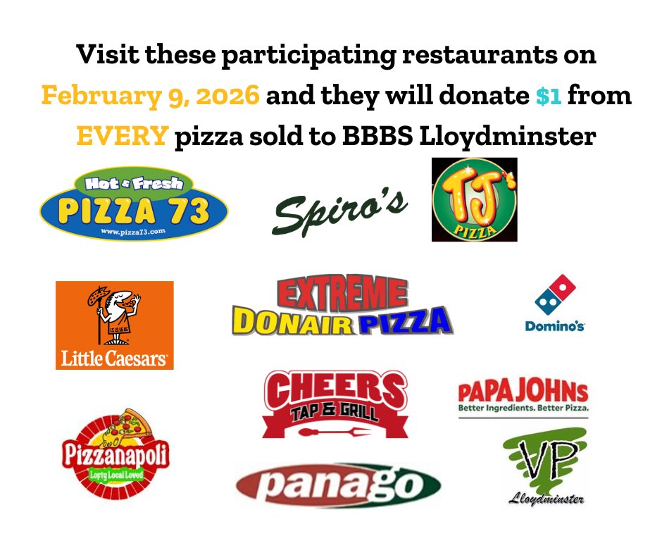 Stop by these restaurants on Feb 9 ( Cheers will do National Pizza Day on Feb 8) and they will donate $1 from EVERY pizza sold to make a BIG difference with our mentoring programs.
