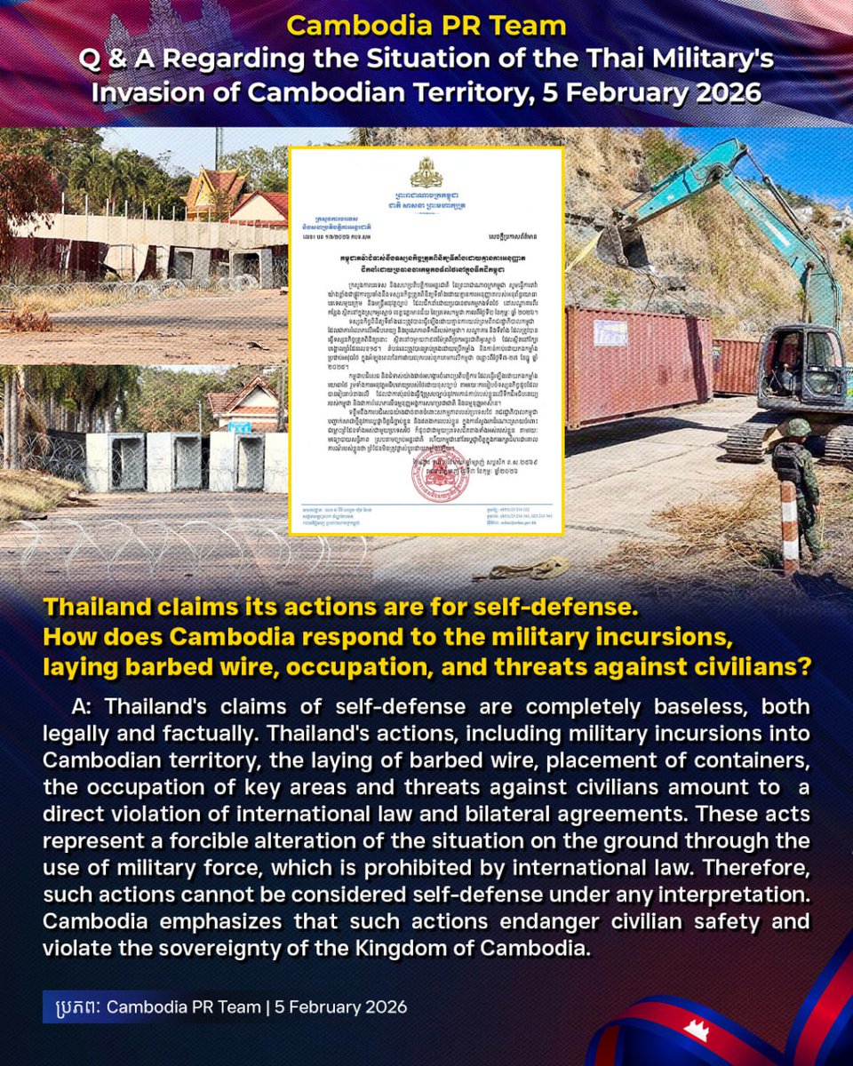 AhlimTalk's tweet photo. Thailand’s “self-defense” claims are baseless. Military incursions, barbed wire, and container placements violate international law and Cambodian sovereignty, endangering civilians. ❌🇰🇭
#Cambodia #ThailandInvadedCambodia #Thailand #InternationalLaw #BorderConflict #HumanSafety https://t.co/TH2cgnqCQK