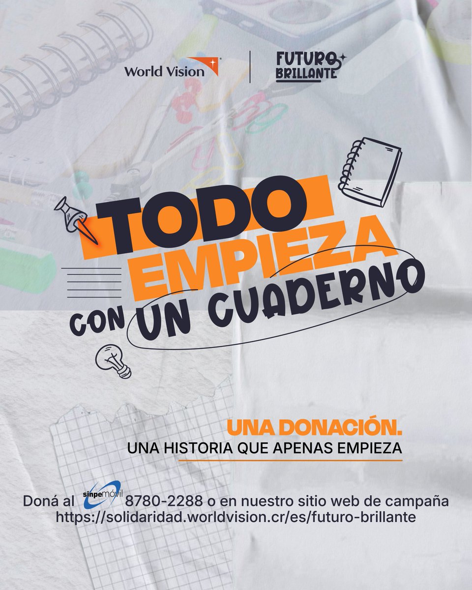 WorldVisionCR's tweet photo. Para muchos NNA en zonas vulnerables, empezar clases sin útiles no es una anécdota: es una barrera.
Por eso nace FUTURO BRILLANTE: para que más niñas y niños tengan lo básico para aprender, soñar y avanzar.
💛 Sumate con una donación:
📲 SINPE 8780-2288
🌐 https://t.co/s6HOOZDMBy https://t.co/6VTvW3Gm0a