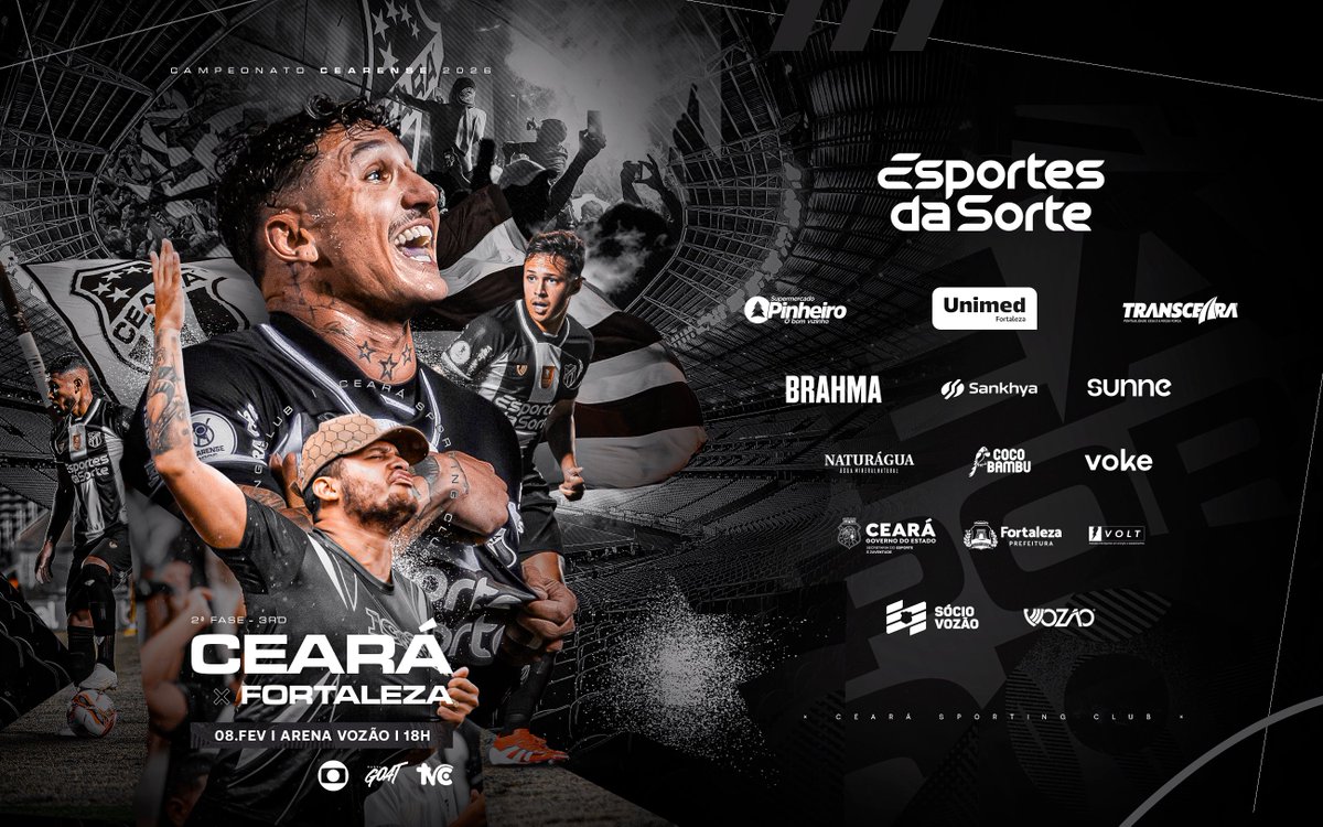 DOMINGO TEM CLÁSSICO-REI! 🔥

Às 18h, o Ceará entra em campo pela última rodada da 2ª Fase do Cearense. ⚽

Contamos com o apoio de vocês para lotar a Arena Vozão e vibrar nas arquibancadas, alvinegros! 🫵🏁

VAMOOOOS JUNTOOS! ⚫⚪

#CearáSC