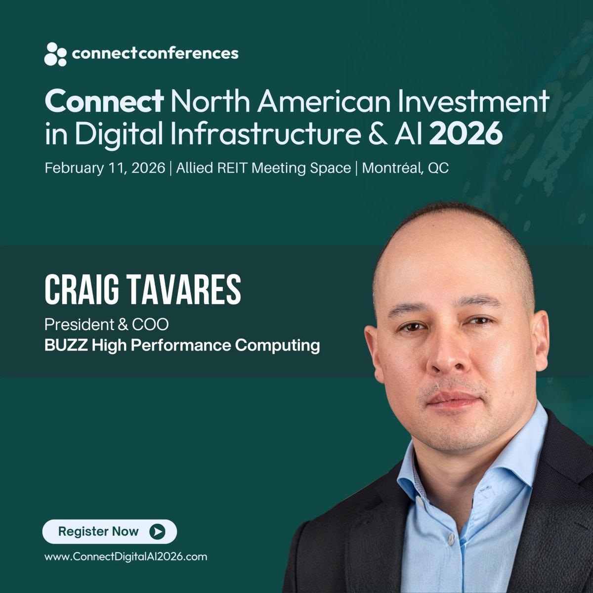 Canada’s data sovereignty moment is now. 🇨🇦

Feb 11 in Montreal, Craig Tavares represents <a href="/BUZZHPC/">BUZZ HPC</a> at <a href="/connectCRE/">Connect Commercial Real Estate</a>'s North American Investment in Digital Infrastructure and AI, speaking on Canada’s Data Sovereignty Challenge in the Age of AI.

🔗 Register: lnkd.in/ecww2bed