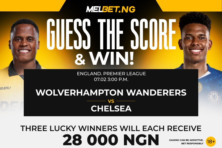 MelbetNigeria's tweet photo. 🎉 #GuessTheScore
👉 Follow MelbetNigeria
👉 Comment correct score + player ID
❗️ Only verified users. Predictions close at kickoff!
T&C at https://t.co/wWK1346Q44 ➡️Promotions
#epl #premierleague #WolverhamptonWanderers #Chelsea #Wolves #Wolverhampton #WinBonus #FreeBonus #GetBonus #MelbetFreeBonus