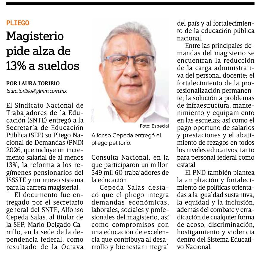 🔶Incremento de 13% al sueldo tabular, reformas para mejorar las condiciones laborales 👩‍🏫👨‍🏫 y de jubilación, son algunas de las demandas que integran el #PND2026 📄, entregado por el Srio. Gral. del #SNTE, Mtro. Alfonso Cepeda Salas, al titular de la <a href="/SEP_mx/">SEP México</a>, <a href="/mario_delgado/">Mario Delgado</a>