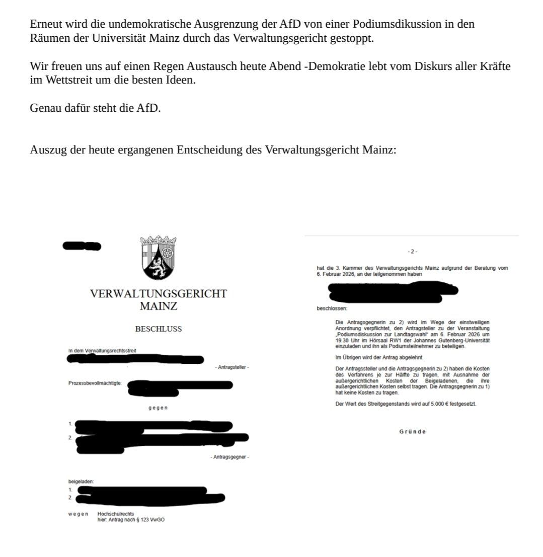 Erneut wird die Ausgrenzung der AfD bei einer Podiumsdiskussion in den Räumen der AfD durch eine Eilentscheidung des Verwaltungsgericht Mainz untersagt.

<a href="/aznachrichten/">Allgemeine Zeitung</a> 
<a href="/faznet/">Frankfurter Allgemeine</a> 
<a href="/SWRAktuellBW/">SWR Aktuell BW</a>