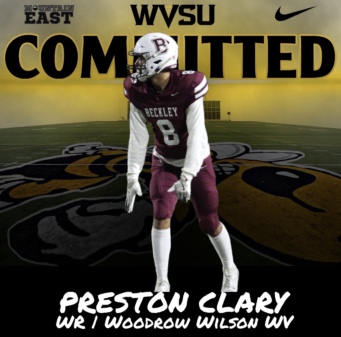 WvsuFootball's tweet photo. SIGNED
@Preston_clary1 - 6'2" 180lbs

Excited to bring Preston into our football family! Preston is a standout WR and basketball player from Beckly, WV that has the size and speed to compete immediately. https://t.co/7i3ubtndcK