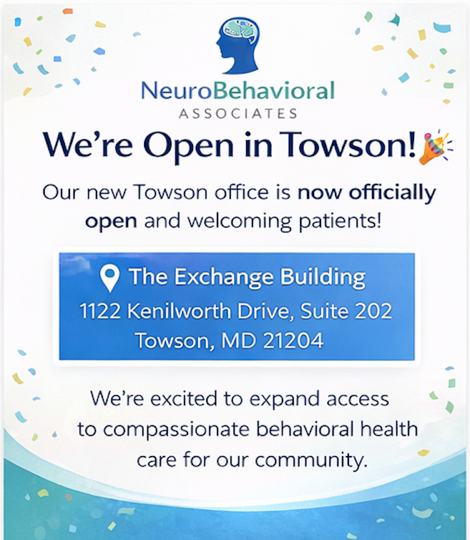 NBATests's tweet photo. 🎉 We’re Open in Towson! 🎉

📍 The Exchange Building
 1122 Kenilworth Drive, Suite 202
 Towson, MD 21204

We’re excited to expand access to compassionate, high-quality behavioral health care for our community. https://t.co/rbXsVlpLfl