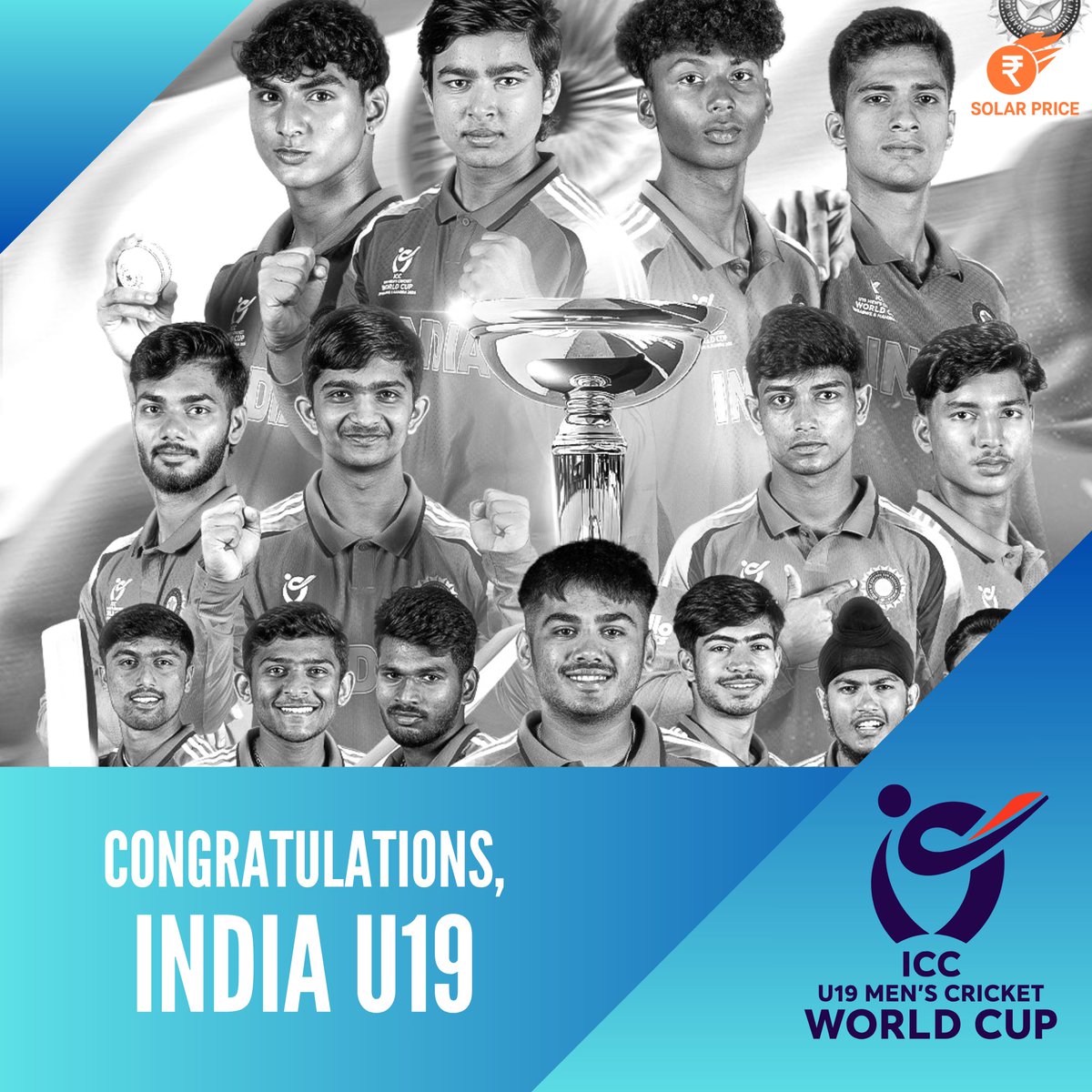 SolarPriceIndia's tweet image. Congratulations Team India U19! 🏆

On behalf of Solar Price, we salute your achievement and wish you even greater success ahead. 🌞✨
#IndiaU19 #WorldChampions #ProudMoment #SolarPrice #FutureChampions