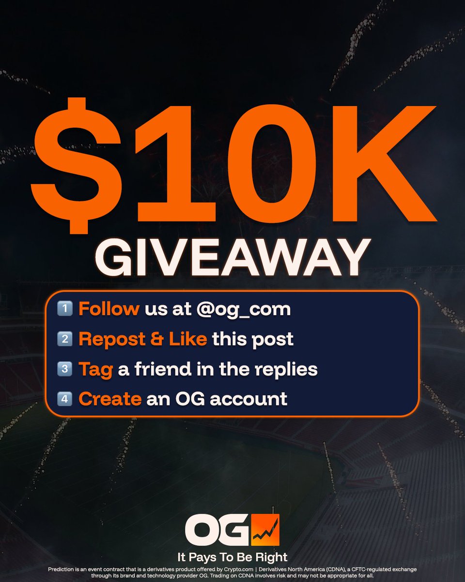 OG_com's tweet image. 🗣️$10,000 BONUS GIVEAWAY🗣️
We’re giving away $10K in bonuses to 100 random followers on X &amp;amp; IG (top prizes of $1,000).💸
Entering is easy 👇

1⃣ Follow us here @og_com
2⃣ Repost and Like this post
3⃣ Tag a friend
4⃣Create an account on og.com

Not Selected? No…