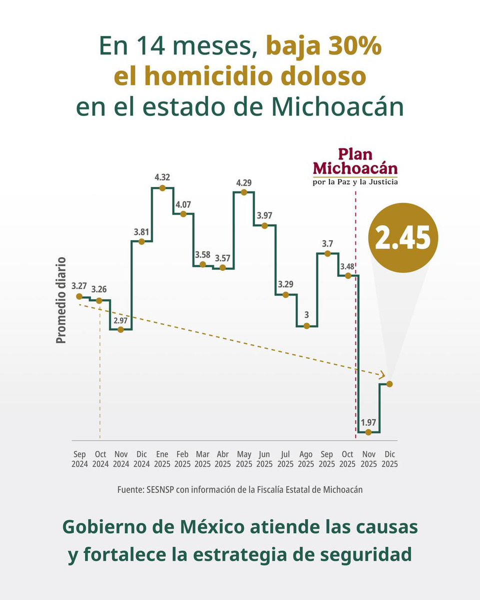Con la implementación de la Estrategia Nacional de Seguridad y del Plan Michoacán por la Paz y la Justicia, en la entidad los homicidios dolosos presentaron una reducción de 30% de octubre de 2025 a diciembre de 2025.