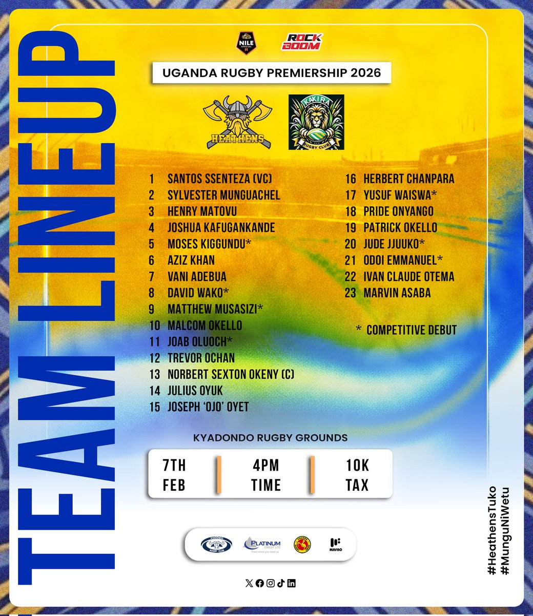 HeathensRFC's tweet image. 📃 TEAM UPDATE!

Coach Tolbert has named the 23 men he trusts to lead us into the Uganda Rugby Premiership season.

©️ @Nyeki13 makes his league debut as Team Captain.
7️⃣ new signings are set for their first-ever league appearance in the famous yellow and blue jersey.

Ladies and…