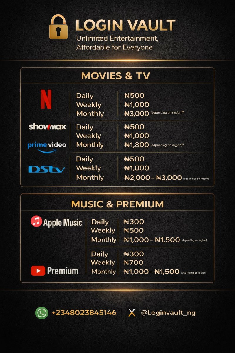Loginvault_ng's tweet photo. 🚨 Updated Subscription List
Some subscriptions are temporarily unavailable till further notice.
Check the new price list below for available services.
Fast activation ⚡
DM or WhatsApp to subscribe.
#LoginVault #Subscriptions #Netflix #DStv #PrimeVideo #NigeriaBusiness https://t.co/Pb23haxLxl