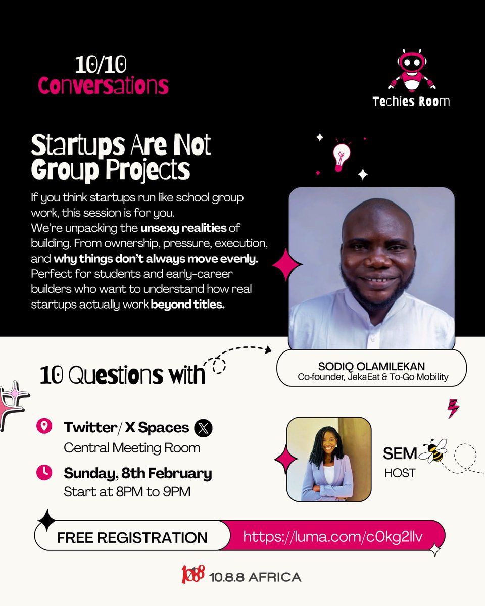 1088Africa's tweet photo. Startups are messy, unglamorous, and very real.

This Sunday on 10/10 Conversations, we’re unpacking ownership, pressure, and the parts of tech nobody posts with Sodiq Olamilekan Isiaq.

If you’re building, curious, or tired of startup fairy tales, pull up. https://t.co/SuKCGK7sUR