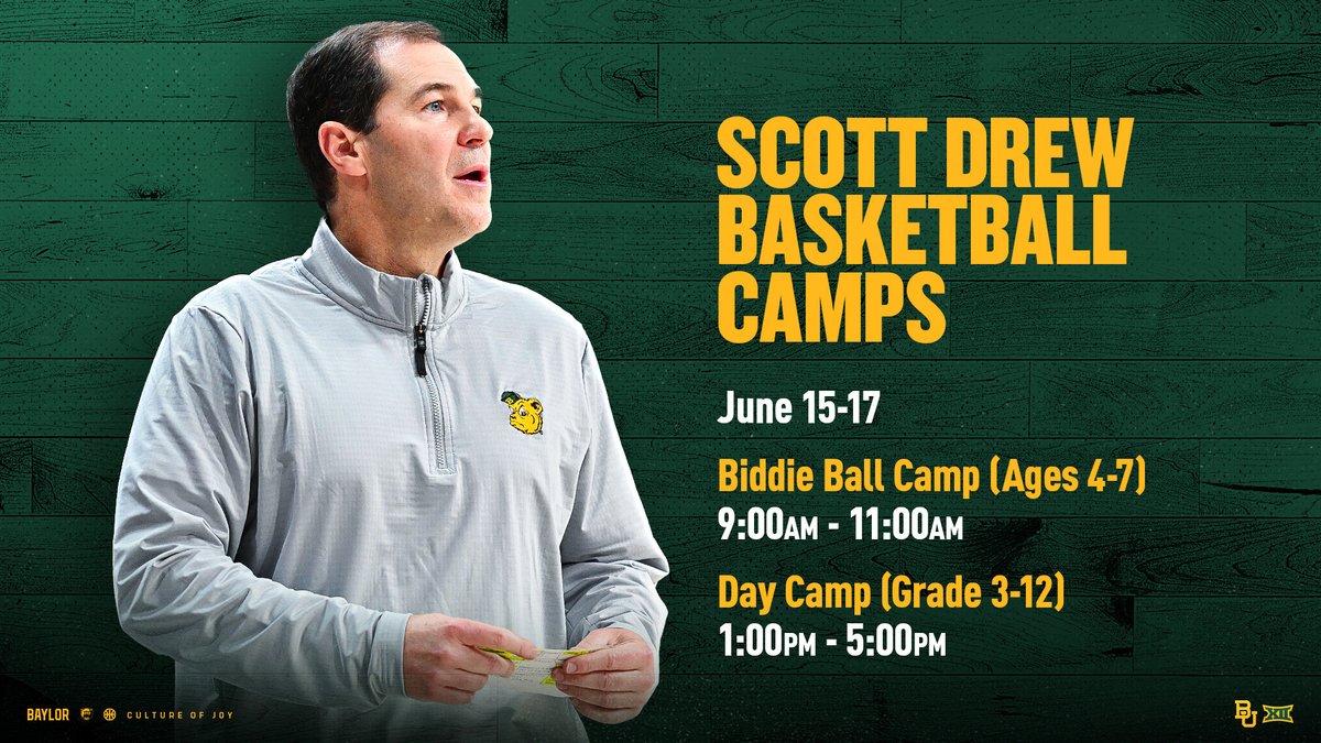 Registration is now open for <a href="/BUDREW/">Scott Drew</a> Basketball Camps!

Make Baylor hoops a part of your family's summer plans:
baylorbea.rs/4az7l3Y

#SicEm | #CultureofJOY