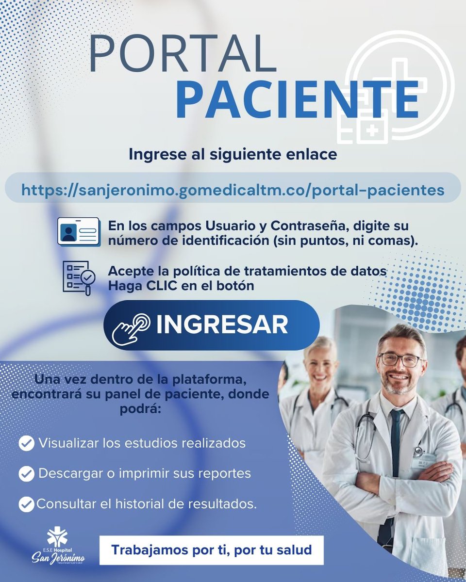 📲 Accede a tu información de salud de forma fácil y segura

Ingresa a nuestro Portal del Paciente y consulta tus resultados médicos en cualquier momento y lugar.

✔️ Visualiza tus estudios realizados
✔️ Descarga o imprime tus reportes
✔️ Consulta tu historial de resultados