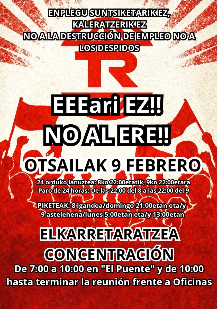 LABaiara's tweet image. 🔴Otsailaren 9an bi hitzordu garrantzitsu ditugu Aiaraldean❗

➡️24 orduko lanuztea Tubos Reunidos-en
#EnpleguSuntsiketarikEZ
#KaleratzerikEZ
#NOalERE

➡️Greba Orokorra prestatu eta eskualdeko egoeraz hitz egiteko asanblada
#SOSaiaraldea
#M17GrebaOrokorra
#HemenErabaki
