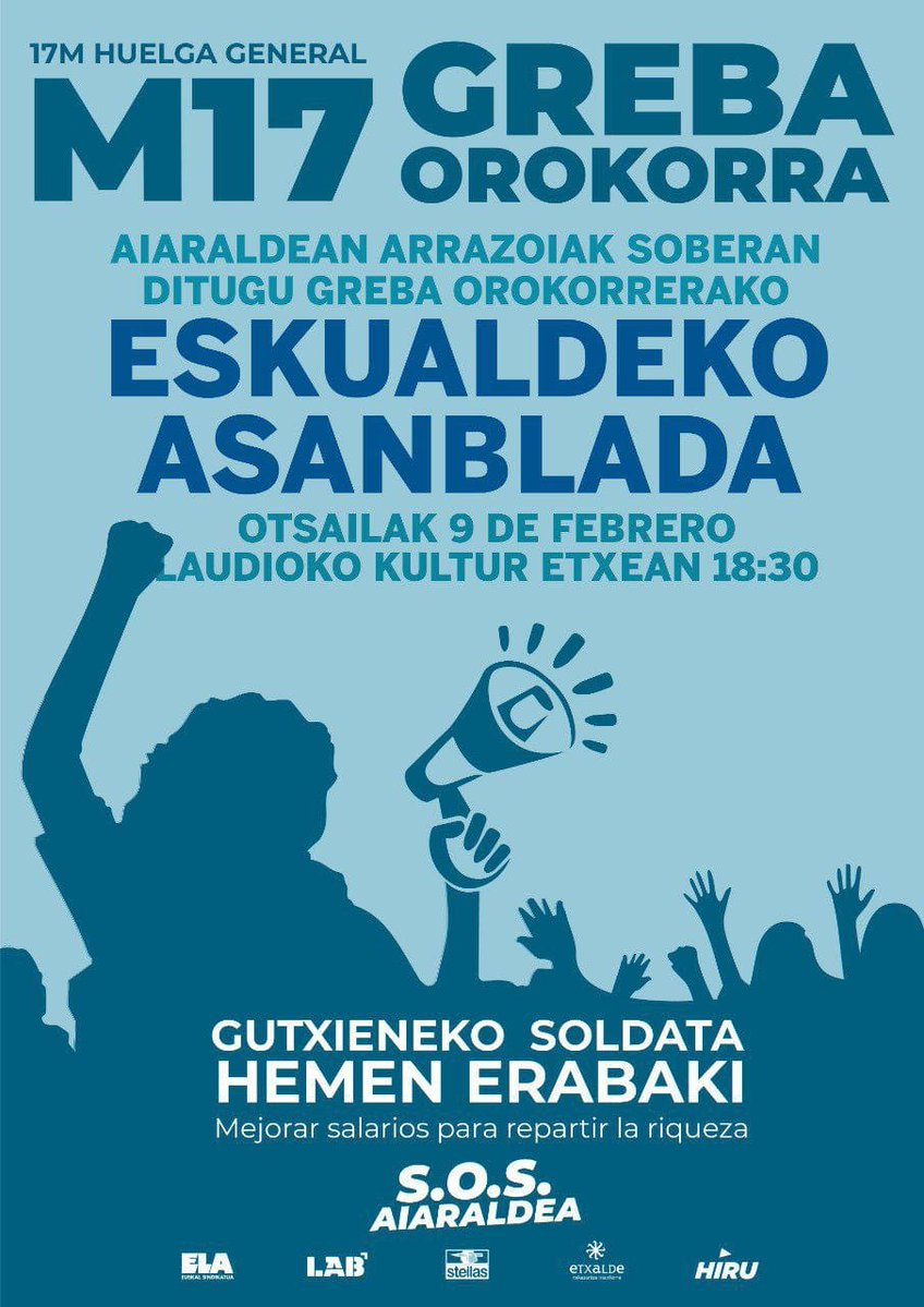LABaiara's tweet image. 🔴Otsailaren 9an bi hitzordu garrantzitsu ditugu Aiaraldean❗

➡️24 orduko lanuztea Tubos Reunidos-en
#EnpleguSuntsiketarikEZ
#KaleratzerikEZ
#NOalERE

➡️Greba Orokorra prestatu eta eskualdeko egoeraz hitz egiteko asanblada
#SOSaiaraldea
#M17GrebaOrokorra
#HemenErabaki