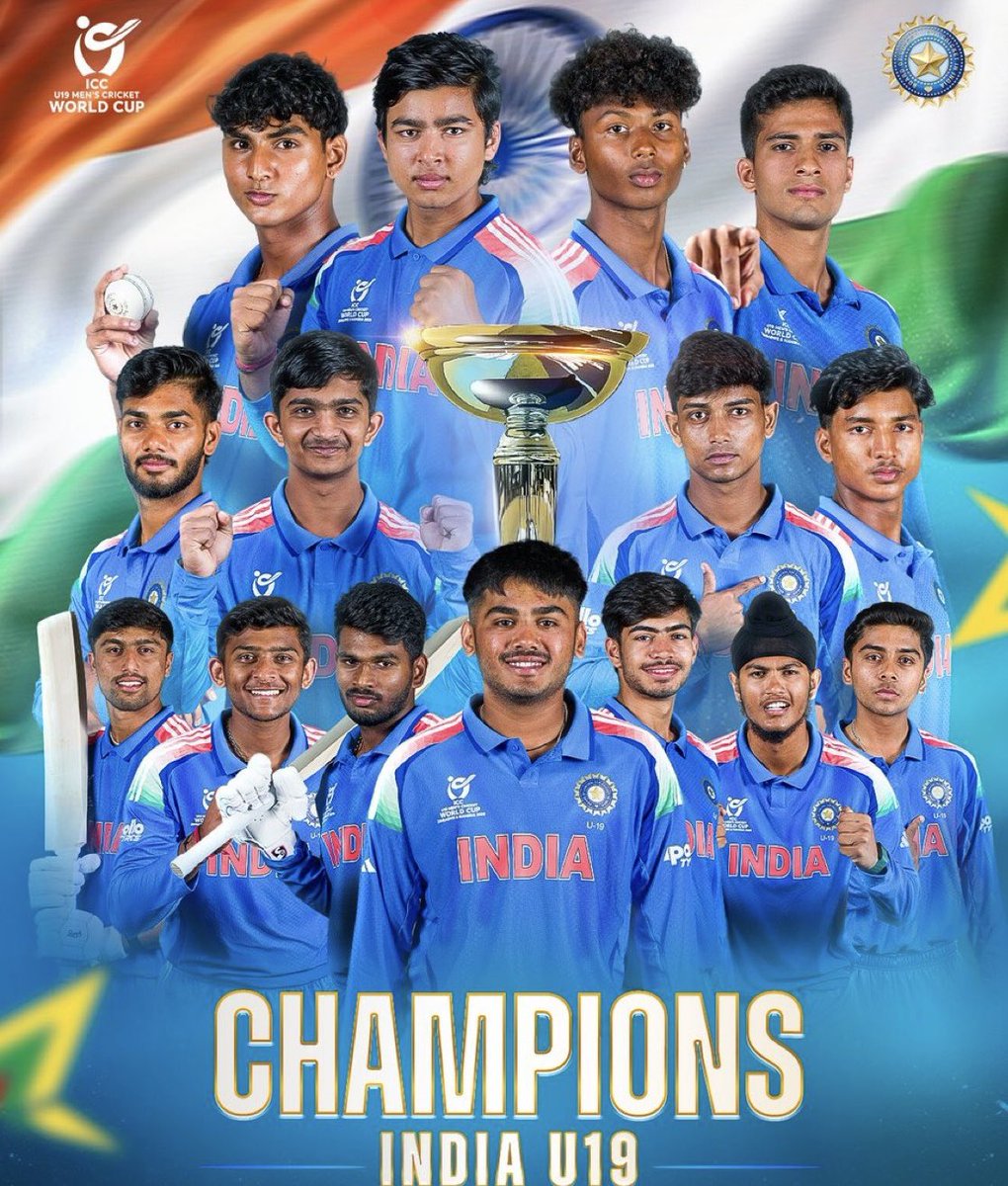 𝗖𝗛𝗔𝗠𝗣𝗜𝗢𝗡𝗦 🏆🇮🇳

Congratulations to India U19 on winning the ICC Men’s U19 Cricket World Cup 2026.
