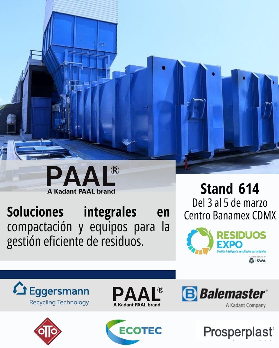 La eficiencia en la gestión de residuos comienza con sistemas confiables de compactación.
En Residuos Expo, PAAL, en sinergia con ECOTEC, presenta soluciones integrales en compactación y equipos para la gestión eficiente de residuos.
