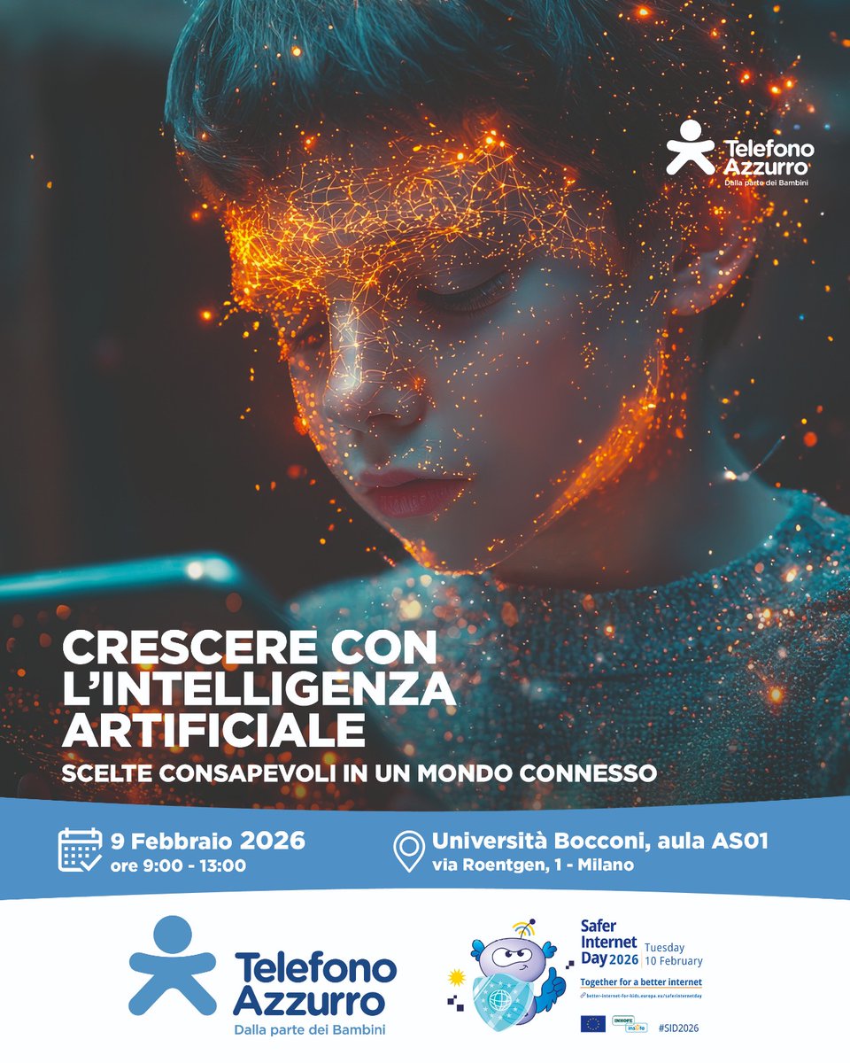 telefonoazzurro's tweet photo. Milano, 9 feb – Crescere con l’IA: scelte consapevoli in un mondo connesso.
Impatti sulla salute mentale, rischi economici, tutela giuridica e diritti dei minori nell’ecosistema digitale. Segui la diretta! https://t.co/IxLjLU8jYJ https://t.co/0oWLsv6QpO