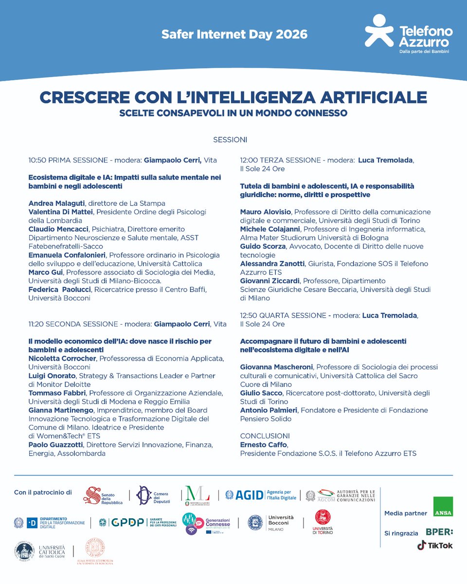 telefonoazzurro's tweet photo. Milano, 9 feb – Crescere con l’IA: scelte consapevoli in un mondo connesso.
Impatti sulla salute mentale, rischi economici, tutela giuridica e diritti dei minori nell’ecosistema digitale. Segui la diretta! https://t.co/IxLjLU8jYJ https://t.co/0oWLsv6QpO