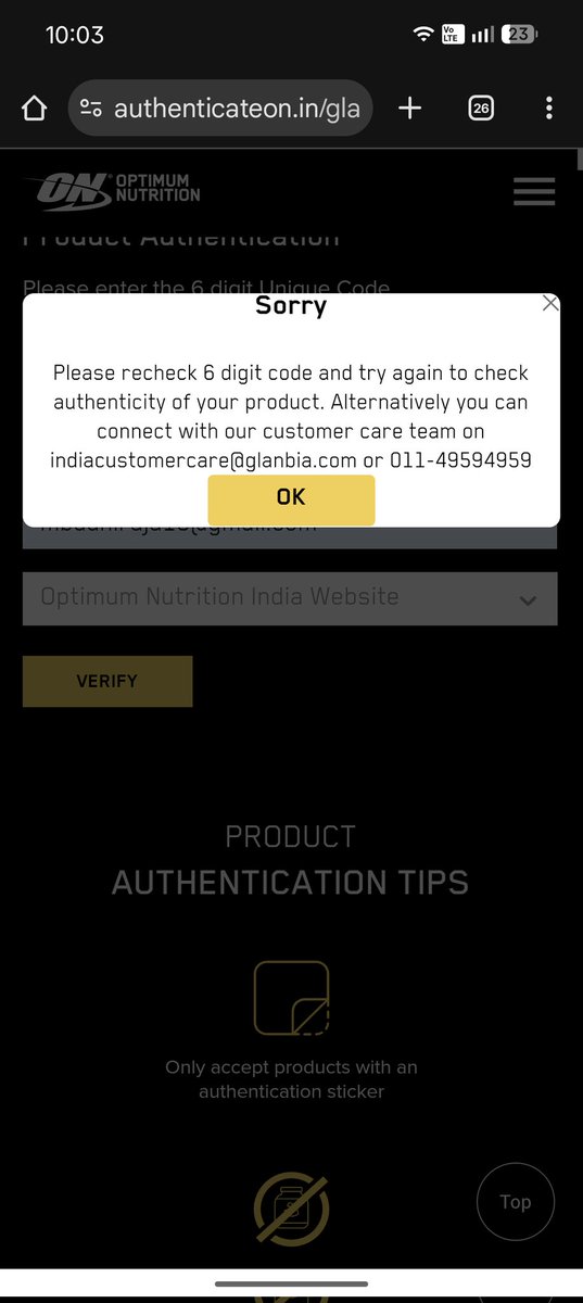 mayankb212's tweet photo. Hi @Team_Optimum 
Ordered Gold Standard Whey from your official website (Order #ON718919).
Seller: Primarc Pecan Retail.
Issue: Authentication code was already scratched on delivery, though it’s meant for the user.
Requesting clarification and replacement. Screenshot attached. https://t.co/2lpwfgHrkS