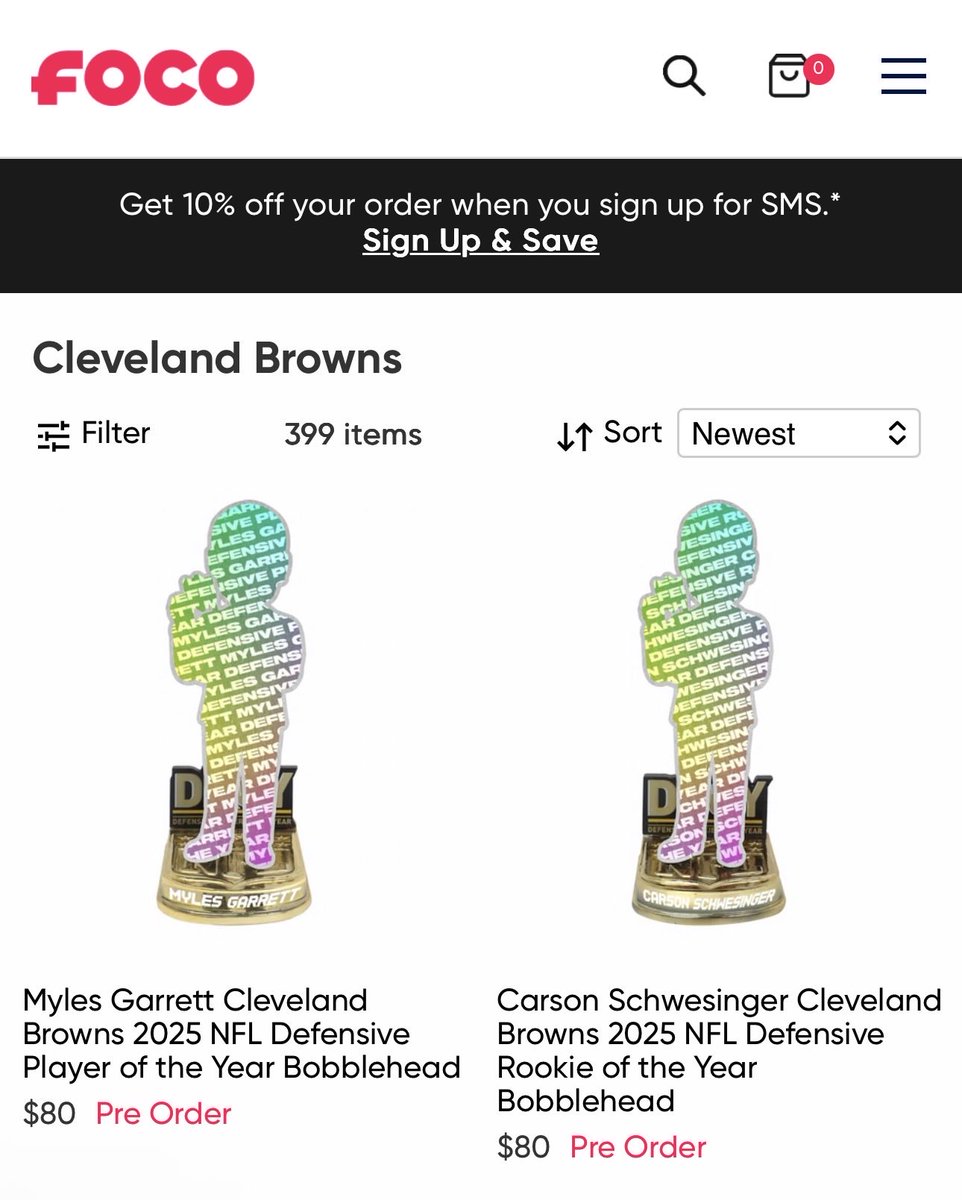ImSoClevelandd's tweet photo. For any of the bobblehead collectors, FOCO has the preorder for Myles Garrett and Carson Schwesinger available now. They go quick. #Dawgpound https://t.co/3vf608bneD