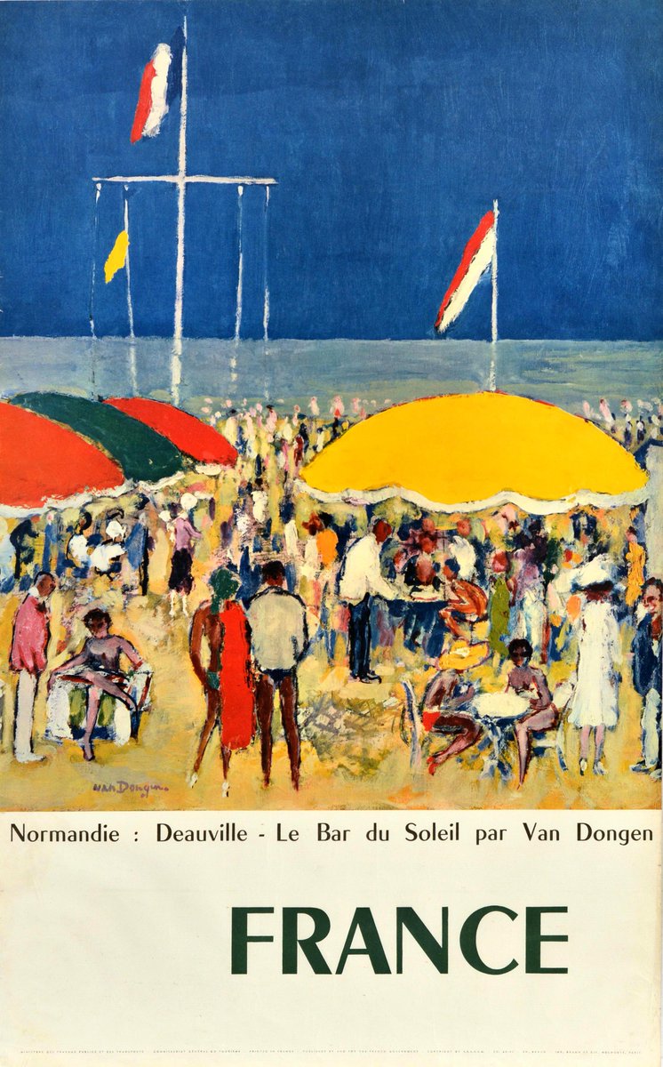 AntikBar's tweet photo. Original #vintage #poster of the day - Normandie Deauville Le Bar du Soleil France Sun Bar Normandy (1970s) Artist: Kees van Dongen → https://t.co/ydMrGfFDeL
#Deauville #Normandie #Normandy #Summer #Holiday #Travel #Beach #Seaside #Resort #Boardwalk #LesPlanches #UmbrellaDay https://t.co/0AnX5mJmig