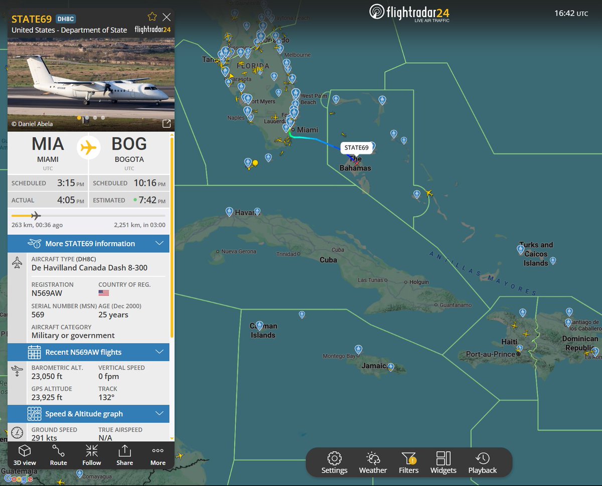 Flightwatcher1's tweet photo. U.S. Department of State Dash 8-300
Código de llamada: STATE69😏
Matricula: N569AW
Hex: #a7486e
Desde Miami🇺🇸 hasta Bogotá🇨🇴, luego suele proceder a Caracas 🇻🇪
#USA #Venezuela #Colombia https://t.co/QYYUptZaWM
