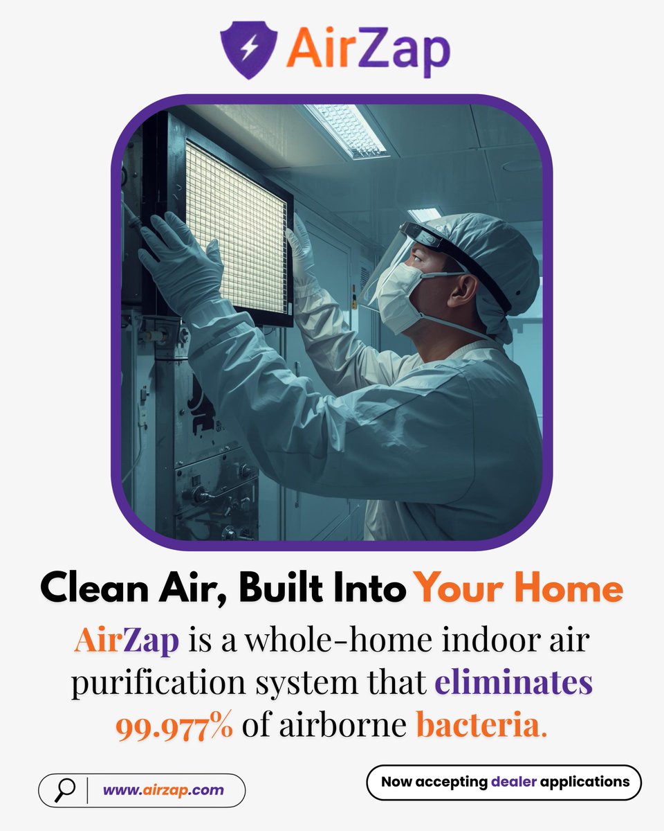 Airzapp's tweet photo. Clean air, built into your home.  AirZap is a whole-home air purification system designed to eliminate 99.977% of airborne bacteria working seamlessly with modern HVAC systems.  

https://t.co/ajjli0wAVT 
#IndoorAirQuality #CleanAir https://t.co/KRfWu6e0M9