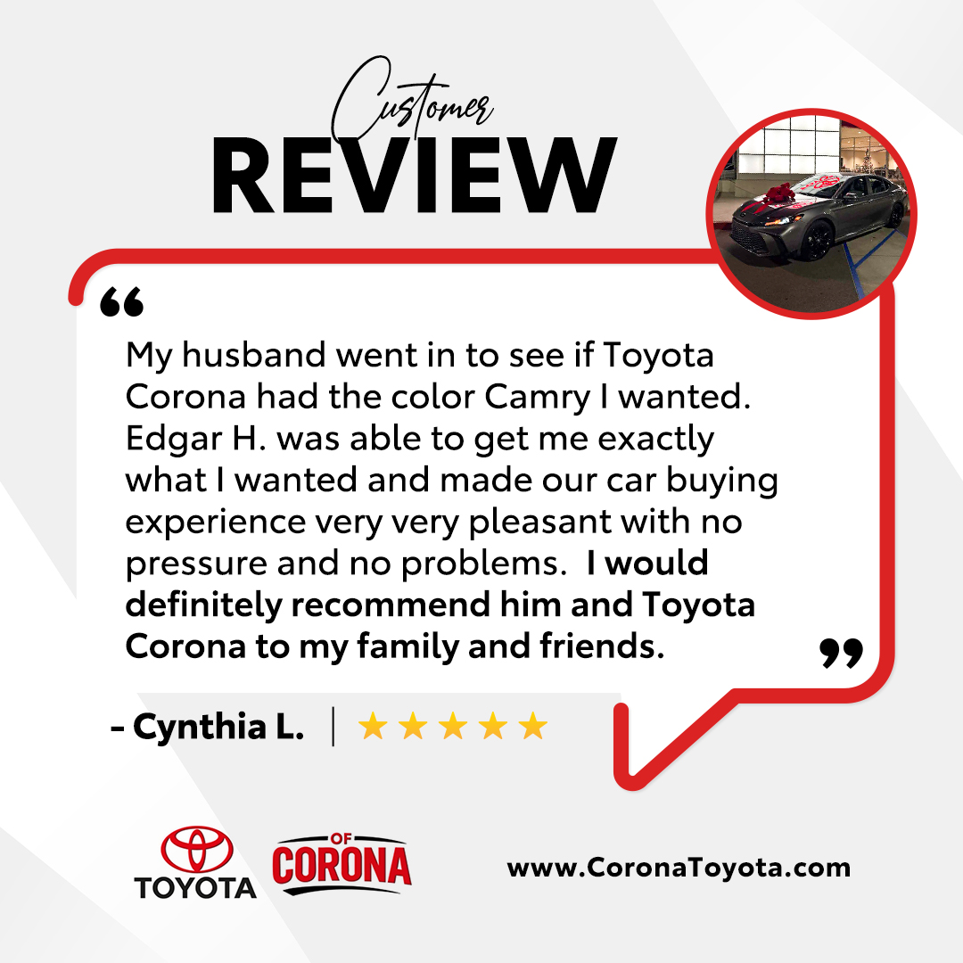 ToyotaofCorona's tweet image. From start to finish, we’re committed to delivering a smooth and stress-free experience. Thanks for the kind words! 🙌

#CustomerCare #SmoothExperience #TrustedService #5StarService #CustomerLove

📲 coronatoyota.com
📞 Sales: 951-633-8446 | Service: 951-432-5681