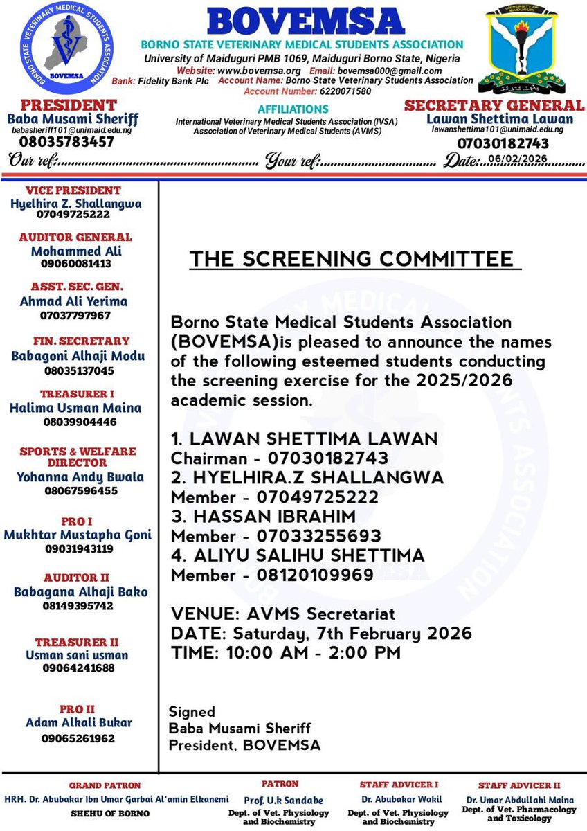 PRESS RELEASE ‼️‼️‼️
GOOD DAY BOVEMSAMITES 
NOTICE FOR PHYSICAL SCREENING FOR BOTH DVM II &amp; DVM III DE STUDENTS WITH ID NUMBER 24

The leadership of Bovemsa invites students with the above id numbers who are indigenes of Borno State for a physical screening scheduled for;
SUNDAy