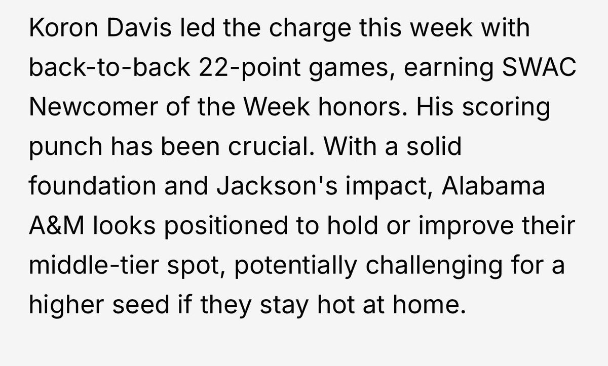 xxLontexx's tweet photo. Some big performers this week included @GoJSUTigersMBB’s @DaeshunRuffin winning back to back player of the week honors, @Bulldogs_Hoops’s @KoronDavis earning Newcomer of the Week &amp; @UMESHawksHoops’s Jaden Cooper’s hot shooting. https://t.co/B3NxNbWeGB