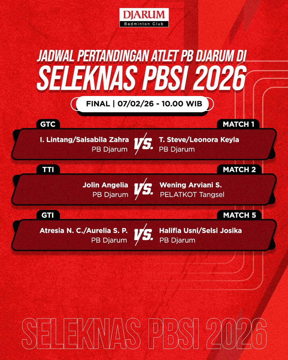 Sebanyak 5 wakil PB Djarum berhasil melaju ke babak final #SeleknasPBSI2026! Pertandingan mulai Pk 10.00 WIB di Majeh Arena Wadas Karawang yah, Sobat!

Dua tiket udah aman, nih! Semoga Jolin juga bisa juara, yah! 🙏

#tournament #TeruskanSemangatJuara #PBDjarumofficial #PBDjarum