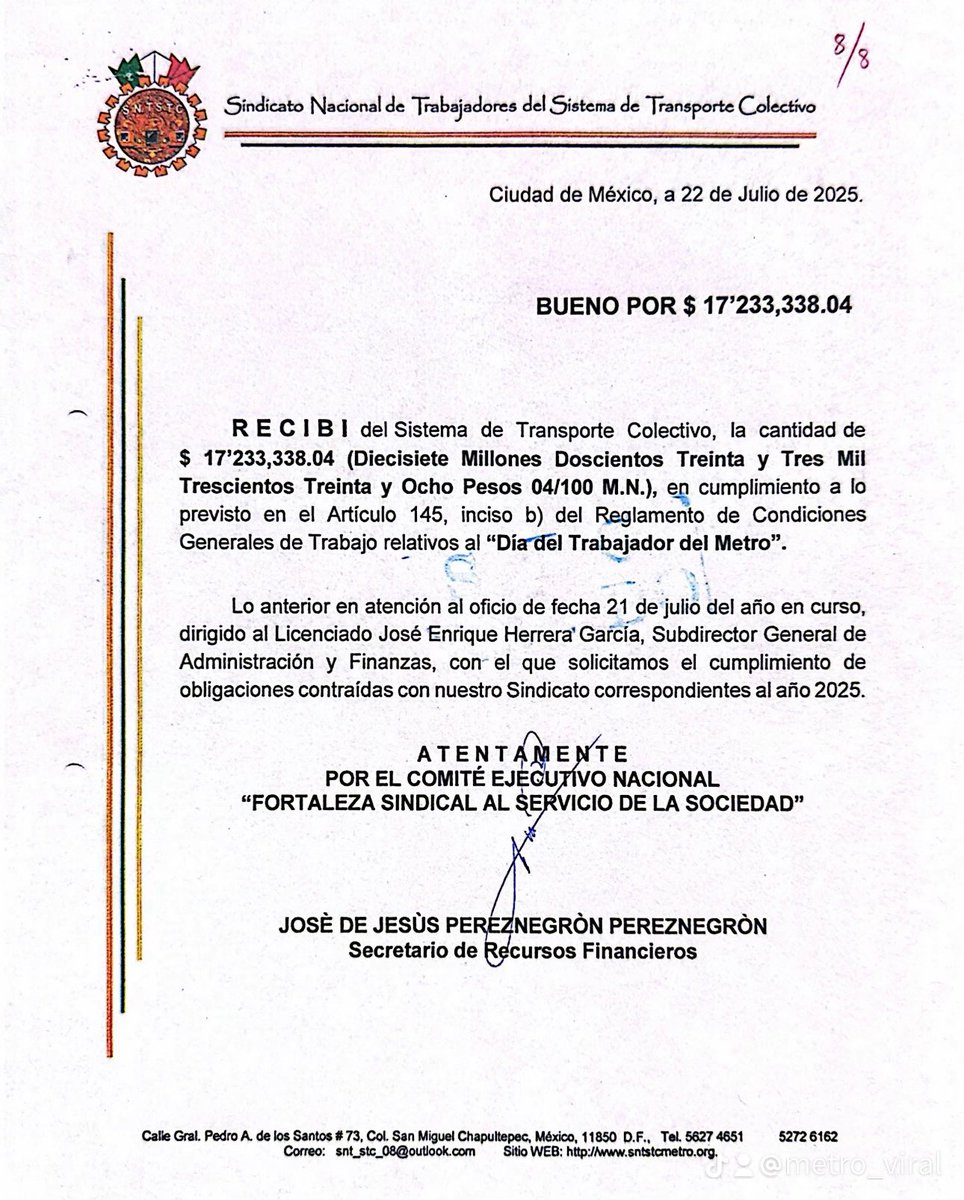 MetroViralMx's tweet image. #ULTIMAHORA 

$17,233,338.04 RECIBIÓ el Sindicato Nacional del Metro Ciudad de México 🇲🇽 @MetroCDMX en Julio de 2025 por el “Día del Trabajador del Metro”‼️💸

Este recurso es Descontado del Presupuesto al Mantenimiento del #MetroCDMX 🚨

¿Cuantos trenes podrían arreglarse con