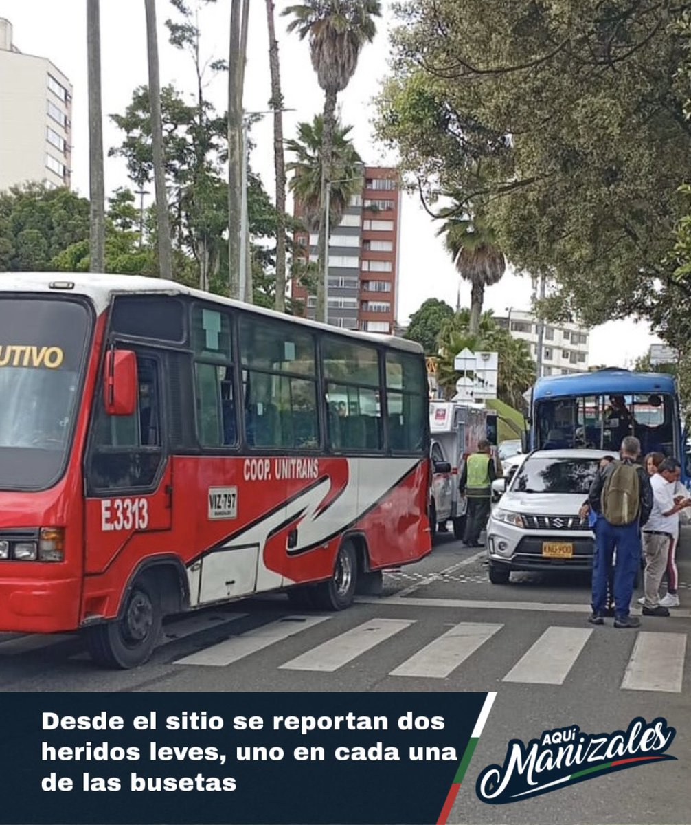 🚨 #AestaHora Choque triple entre busetas de Unitrans, Socobuses y un vehículo particular, en la Avenida Santander de Manizales, sentido centro - cable, a la altura de la Juan XXIII.    

Reportan dos heridos leves, pasajeros de cada uno de los vehículos de transporte público.