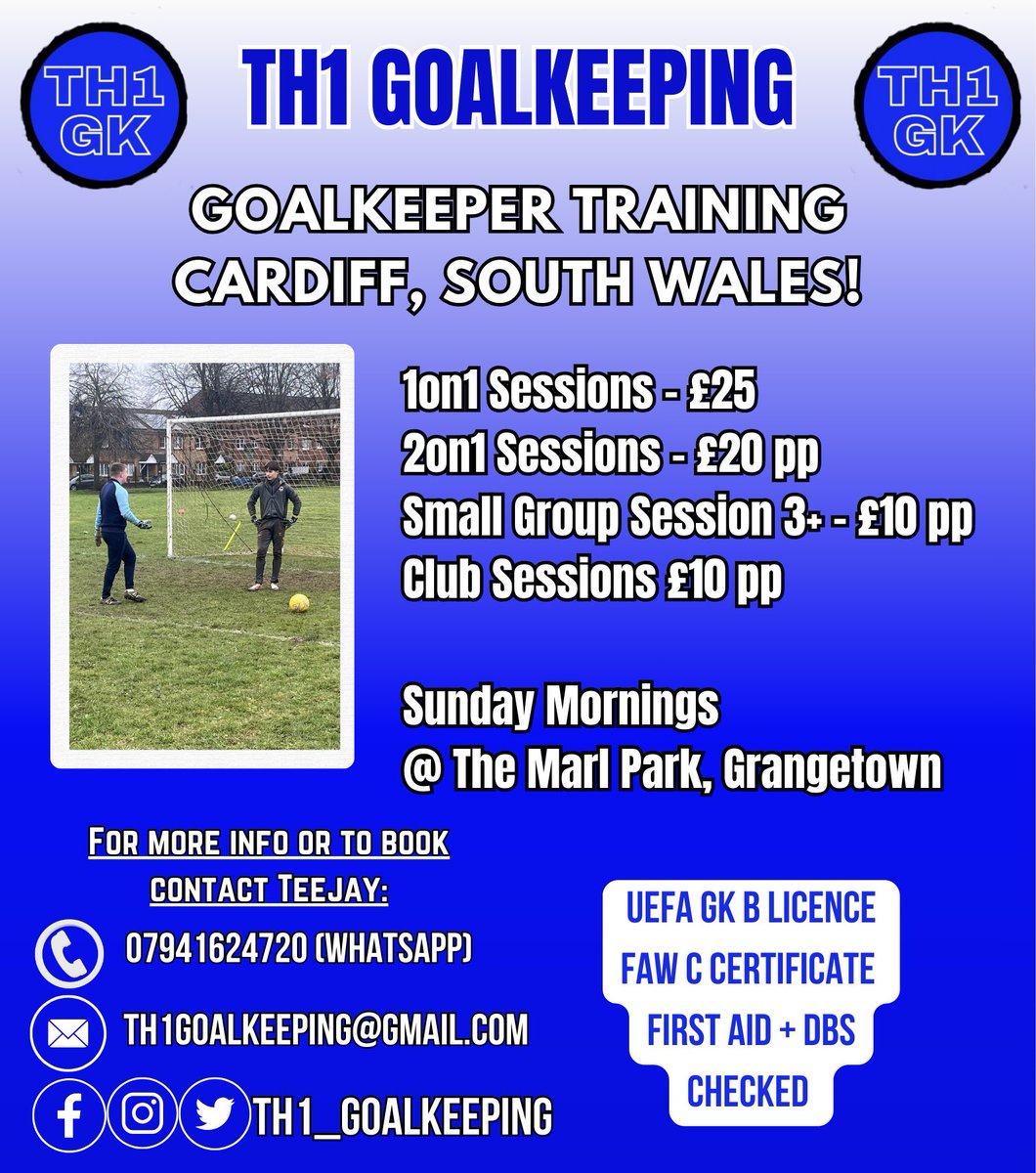 🏴󠁧󠁢󠁷󠁬󠁳󠁿⚽️🧤Goalkeeper Training In Cardiff🧤⚽️🏴󠁧󠁢󠁷󠁬󠁳󠁿

UEFA B License experienced coaching with 5+ years working with all ages and abilities.

Sessions for Sunday are available to book now, please DM or Text myself (WhatsApp) - 07941624720 📱 
For any enquiries please just ask!
Teejay 👍