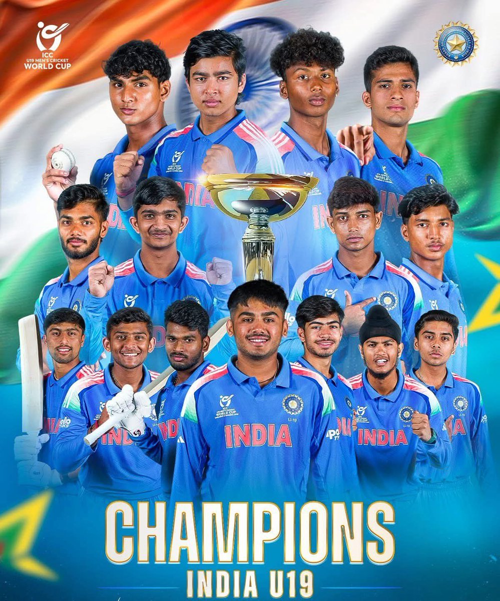 icprindia's tweet photo. 🇮🇳 WORLD CHAMPIONS 2026! 🏆
​Massive congratulations to the Indian U-19 Cricket Team for bringing the World Cup home! What a dominant performance to beat England by 100 runs in the final. The future of Indian cricket is shining bright! ✨🏏
​#TeamIndia #U19WorldCup #Champions https://t.co/3JECMsCgw8