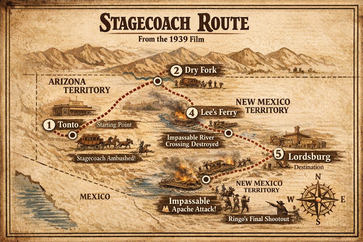 slayym's tweet photo. خريطة توضيحية لمسار أحداث فيلم Stagecoach (1939) https://t.co/XZHAX63UDn