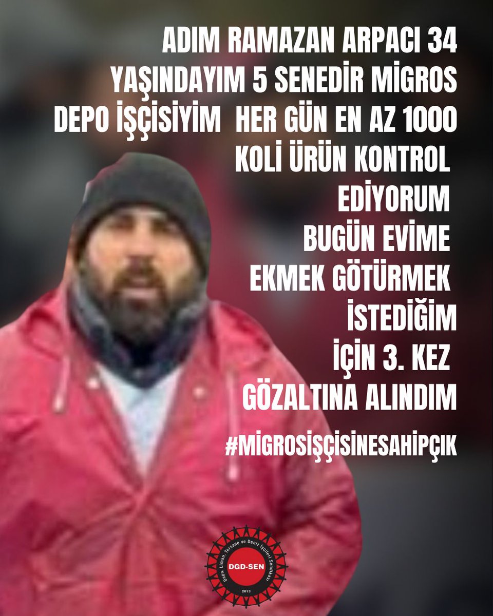 "Ben Ramazan Arpacı. 34 yaşındayım. 5 senedir emek verdiğim Migros'ta, %27 zamla geçinemiyorum dediğim için 3. kez gözaltına alındım."

Ramazan'a ses olur musunuz? 

#MigrosİşçisineSahipÇık