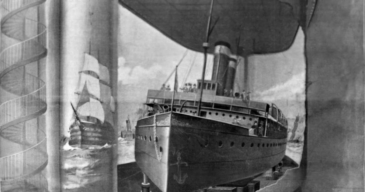 RealPreCinema's tweet photo. Each of these Panoramas is rolled up on what D'Alési called a "debtor" cylinder and a "receiver" cylinder (giant vertical supply and take-up reel spools).
One is placed to the left of the ship's #gangway setting where the spectators are located, and the other to the right.
When the journey begins, the giant cylinders slowly turn and unroll the two Panoramas on either side of the boat.
The junction of the two debtor and receiver cylinders is cleverly masked by tension-sails, at the front and at the rear.
The gangway moved using hydraulic jacks. Fans simulated sea breeze, while uniformed crews set the mood. As opposed to the Moving Panorama, Diorama, and Panorama which rolled, the Maréorama had these add-on factors increasing the feeling of ship movement.