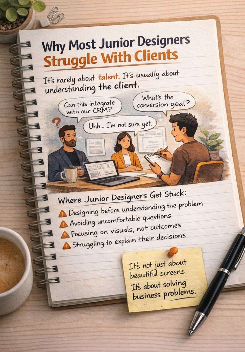 Why most junior designers struggle with clients

It’s rarely about talent
It’s about understanding client &amp; solving business problems

Clients want clarity and confidence not just nice screens.

Shift from “I made this cause it looks good” to “I made this cause it drives results”