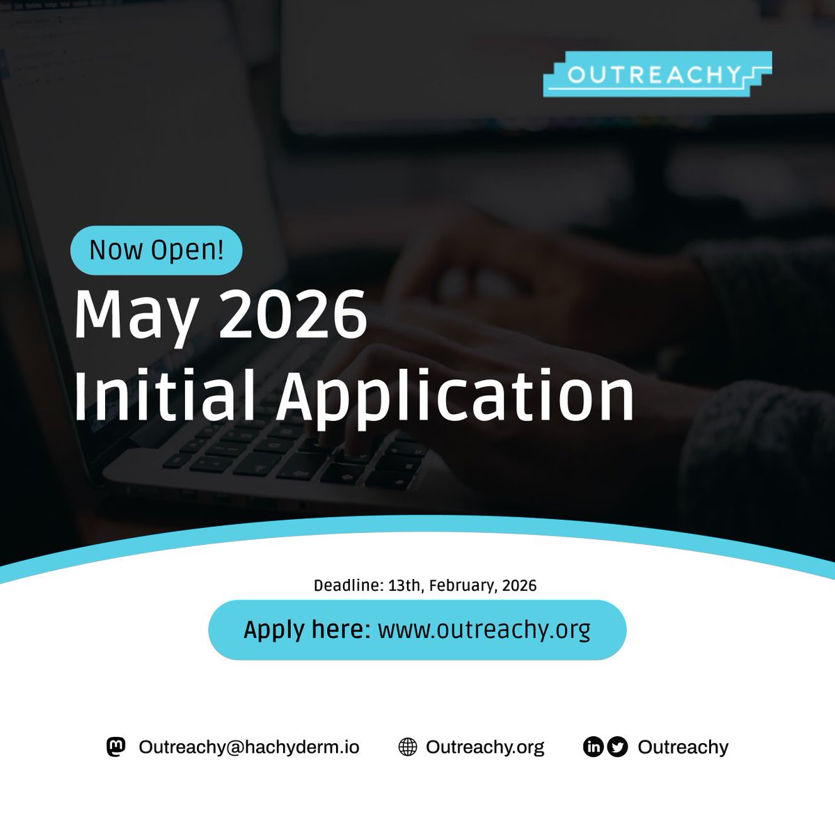 The initial application for the May 2026 cohort is now open!

Read more: outreachy.org/blog/2026-02-0…

The application deadline is Feb. 13, 2026, at 4 pm UTC.
Best of luck! 

#Outreachy #OpenSource #OpenScience