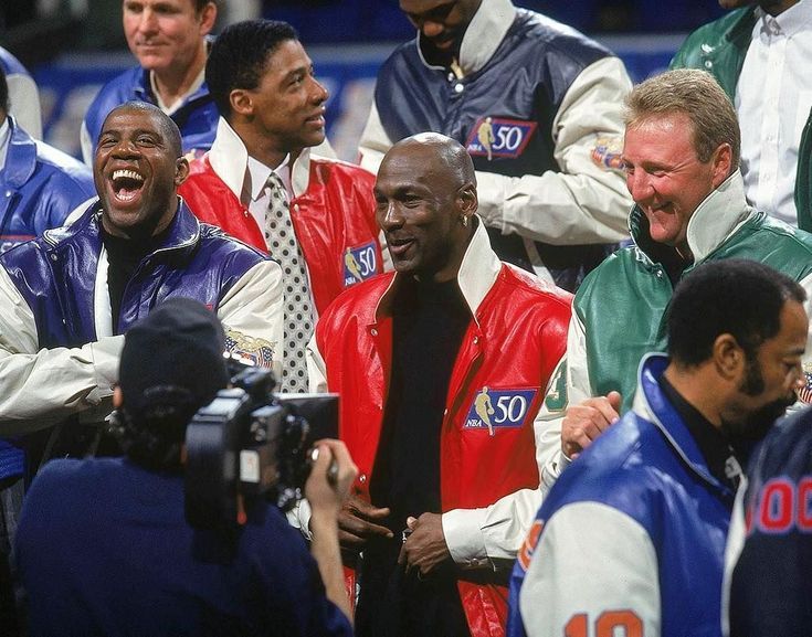 Magic Johnson, Michael Jordan, and Larry Bird at the celebration for the NBA's 50th anniversary team. (Also pictured: Julius Erving, Jerry Lucas, and Walt Frazier)