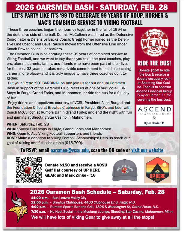 VCSU_Football's tweet photo. 🚍The 2026 Oarsmen Bash is almost here!

$150 donation = bus ride + hotel room at Shooting Star Casino

📅 Feb. 28 – March 1
📍 Fargo • Grand Forks • Mahnomen

Thanks to Ascend Financial Group &amp; Kyler Harder ’11 for covering the bus cost!

🔗 https://t.co/mf8x80lHrr

#WEALLROW https://t.co/M81KO9SWYE