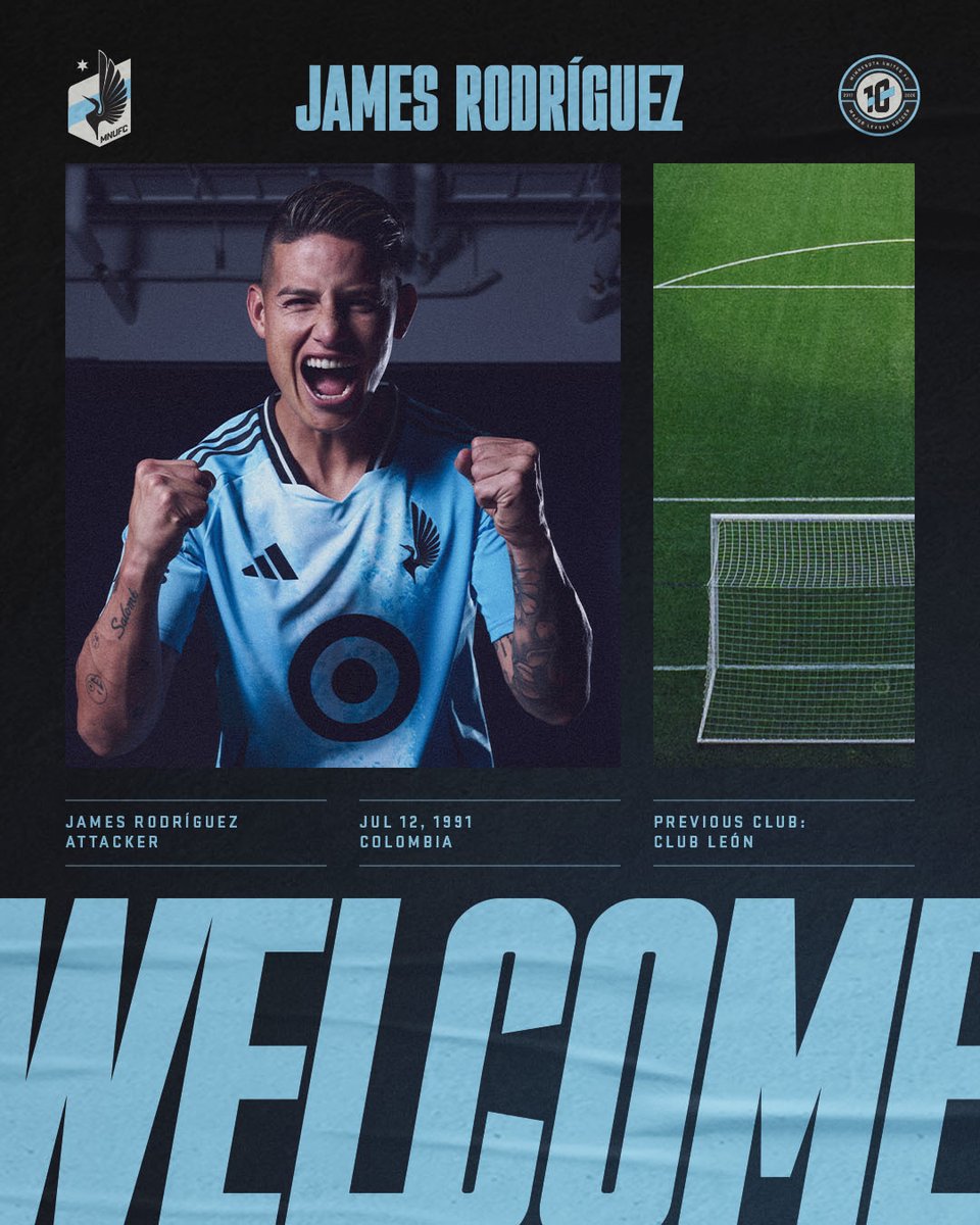 jamesdrocol10's tweet photo. Minnesota United anunció hoy que el club ha firmado al mediocampista James Rodríguez con un contrato garantizado hasta junio de 2026, con una opción del club hasta diciembre de 2026. @jamesdrodriguez @MNUFC #MNUFC #James10 https://t.co/Nljdy4zltr