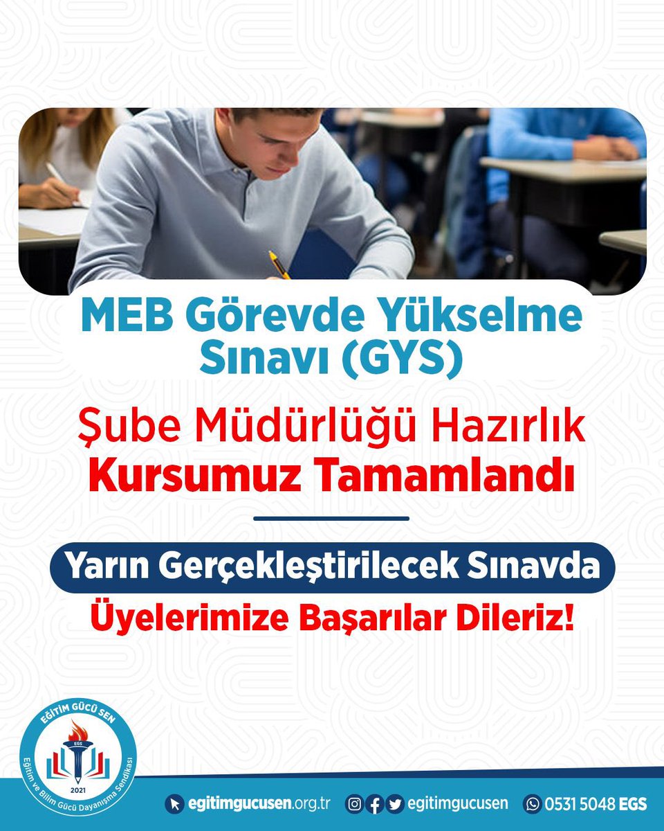 MEB Görevde Yükselme Sınavı Şube Müdürlüğü kapsamında açmış olduğumuz hazırlık kursumuz tamamlanmıştır. Yarın gerçekleştirilecek sınava girecek tüm adaylarımıza başarılar diliyor, kurs sürecinde emek veren eğitmenlerimize ve katılım sağlayan tüm üyelerimize teşekkür ediyoruz.