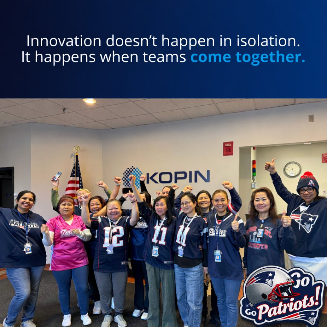Team Kopin is ready to cheer on the Patriots. The same energy that powers our work fuels our team spirit.

Whether we’re building cutting-edge display tech or rallying together, it’s collaboration and camaraderie that move us forward.

#TeamKopin #CompanyCulture #MadeInTheUSA